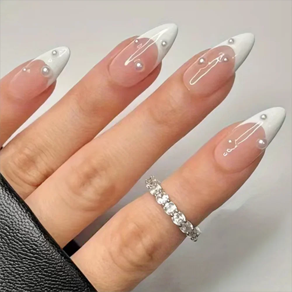 Girls Women 24Pcs/Set French white edged pearl Fake Nails