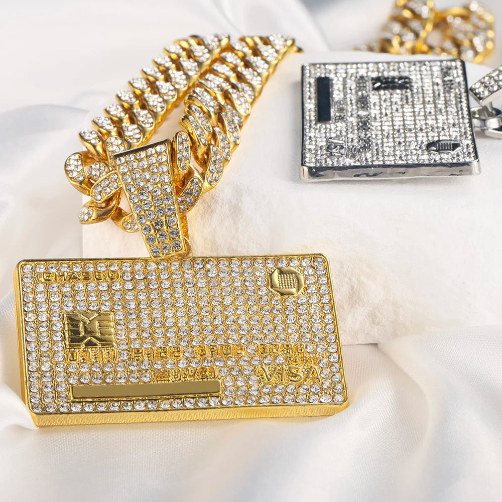 Man's Credit VISA Card Pendant With Zircon Miami Cuban Chain Necklaces