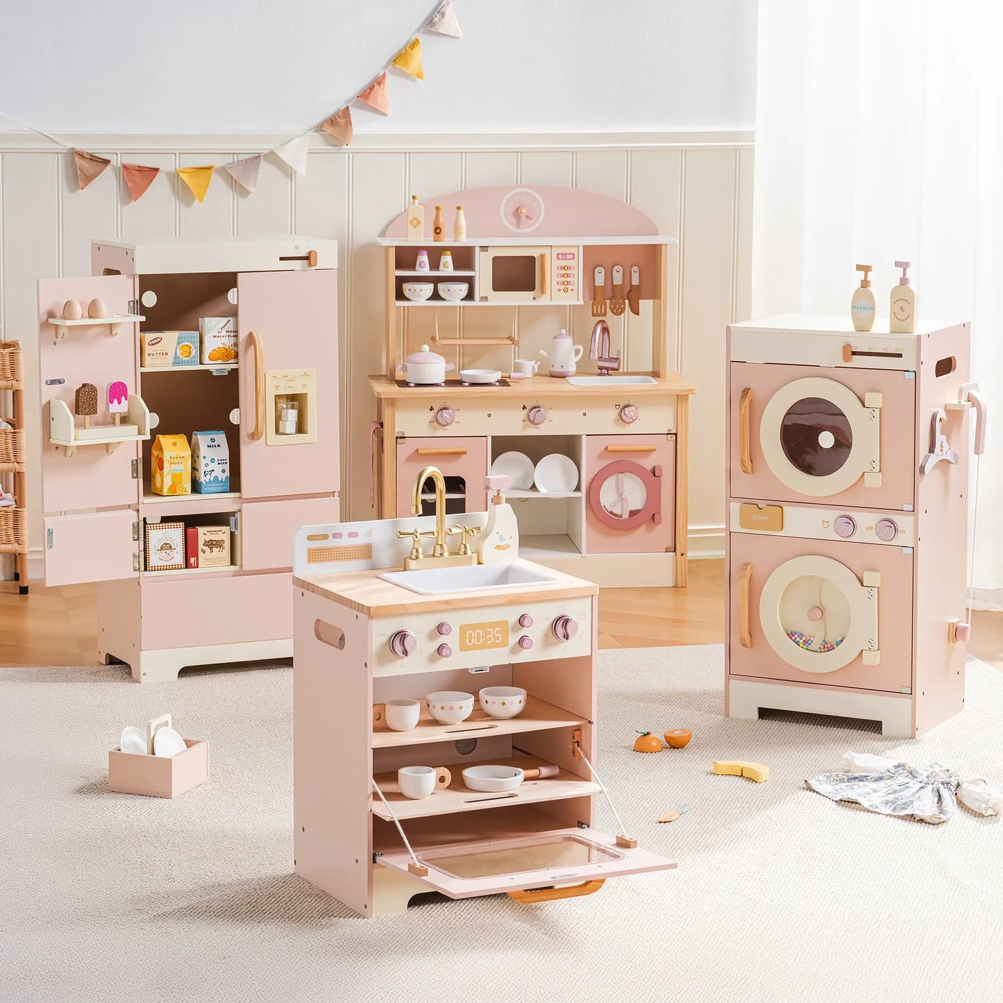 Robotime Robud Kids Corner Kitchen Playset, Wooden Play Kitchen Set with Realistic Sound for Boys and Girls, Pink