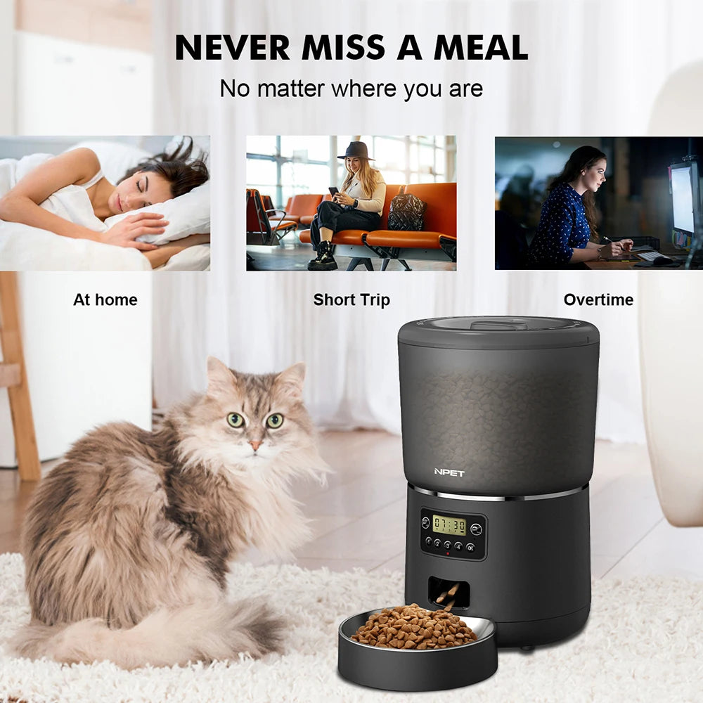 NPET 4L Automatic smart pet feeder for cats/ dogs, Multiple pets with stainless steel bowl, Customize healthy food 1-9 portions.