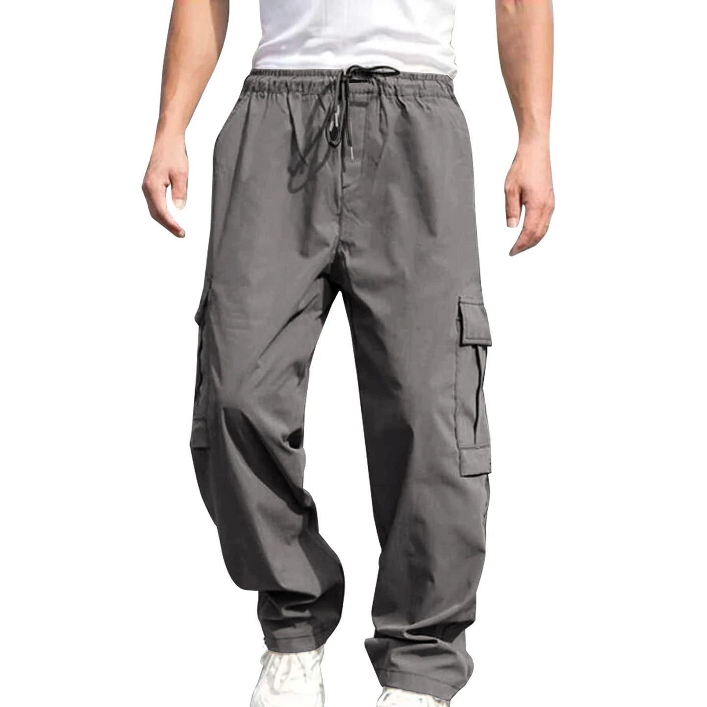 Men's Loose Cargo Pants, Drawstring Waist Straight Leg Pants with Pockets