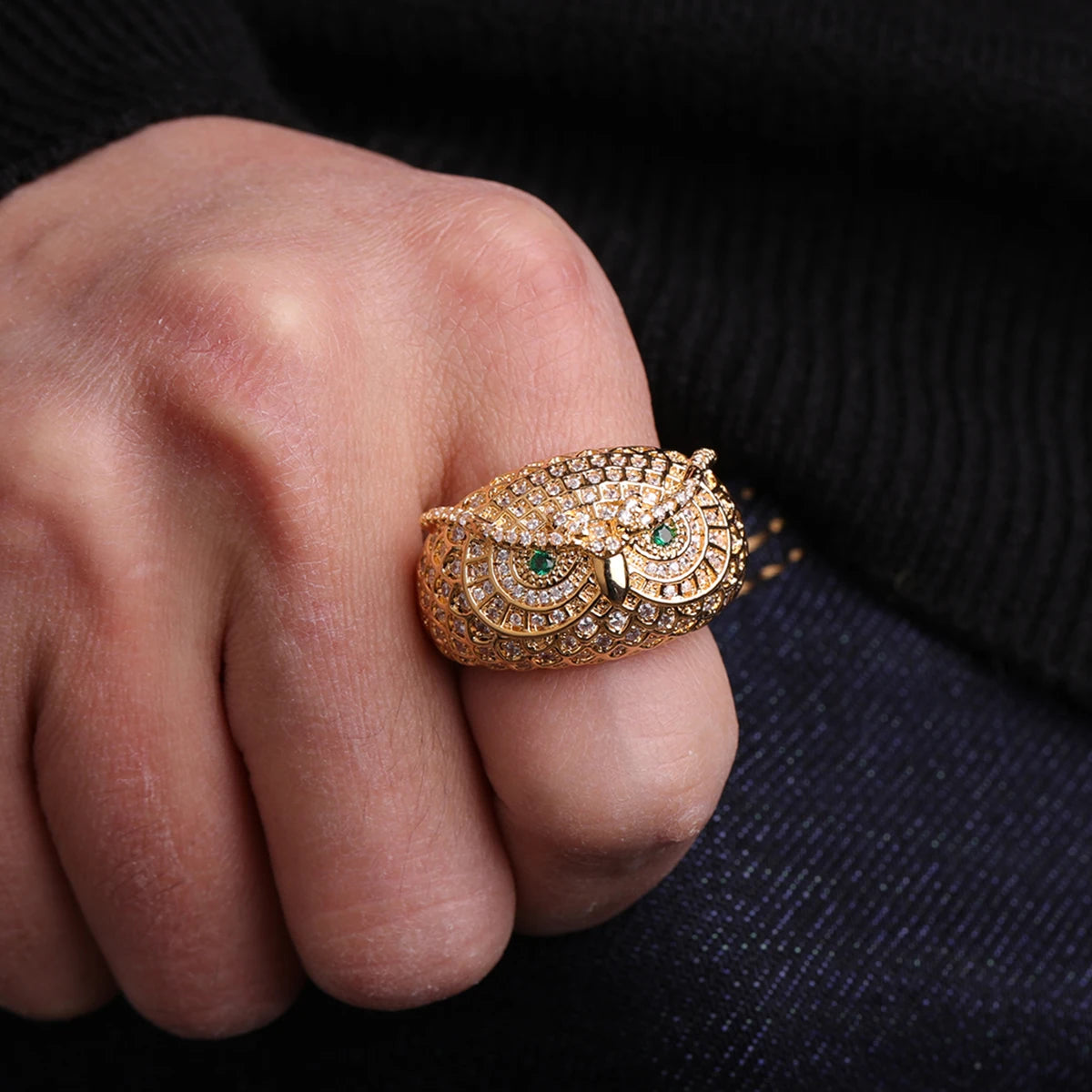 Bubble Letter Owl Iced Out Ring Men Real Gold-Plated Brass Cubic Zircon