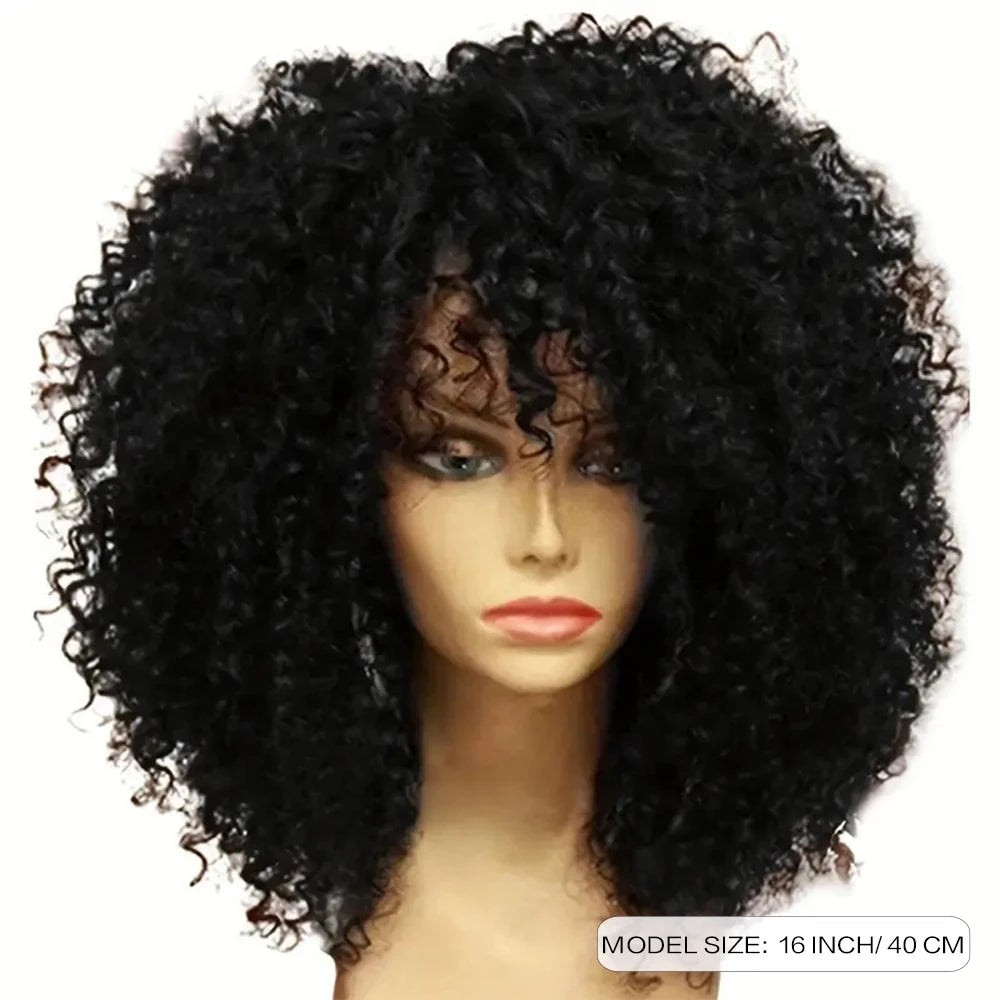 16 Inch Afro Kinky Curly Hair Wigs With Bangs, Soft Fluffy Synthetic Fiber, None Lace Wigs