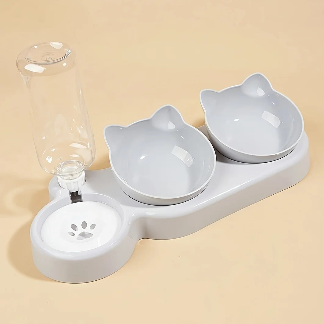 Pet Bowls With Water Feeder, 3 In 1 Ear Design Tilted Cat Water and Food Bowl, Set with Gravity Water Bottle for Neck Protection.