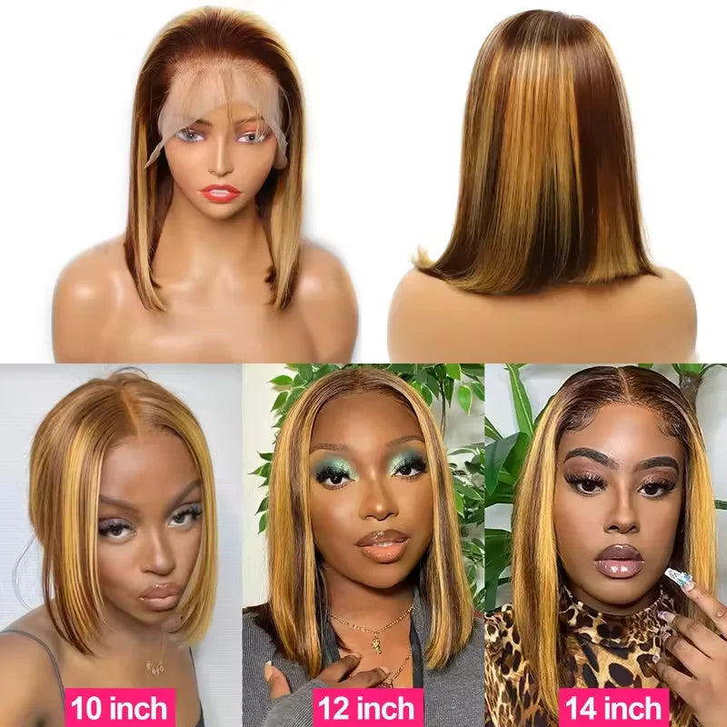 4/27 Highlight Bob Straight Lace Front Wig, Human Hair Ombre Brown, Frontal Bob Human Hair, Glueless wear to go