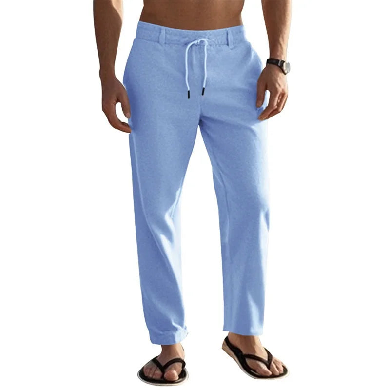 Men s Lightweight Drawstring Linen Pants with Pockets Comfortable Straight Leg Casual Trousers