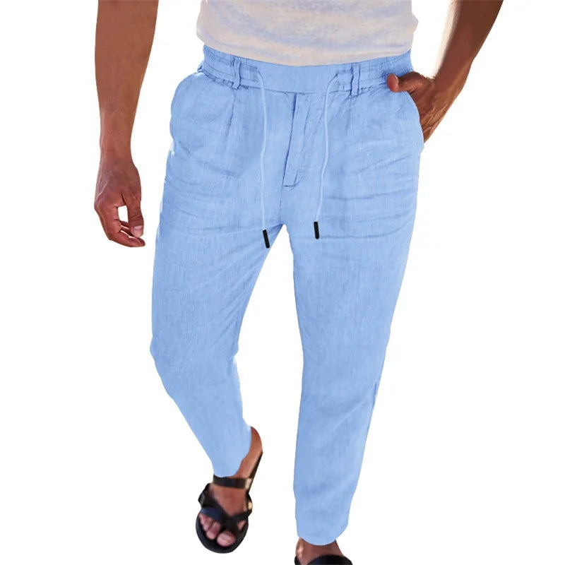 Men's Lightweight Linen Trousers with Adjustable Drawstring Waistband and Straight Leg Design.