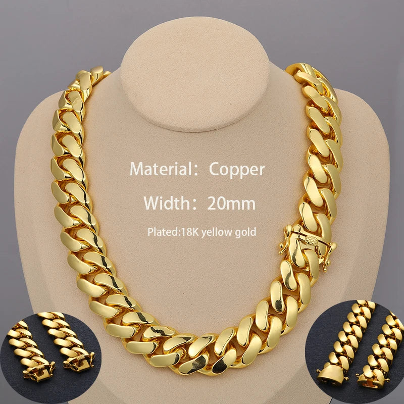 20mm Heavy Solid 18K Gold Plated Miami Cuban Link Chains Choker Necklaces for Men