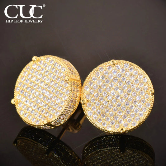 CUC 14MM Big Round Stud Screw Back Iced Out Cubic Zirconia Men/Women Earrings Gold Color