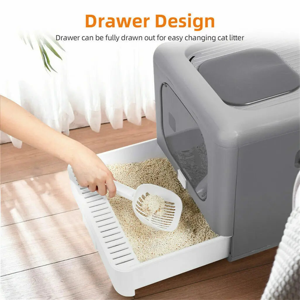 Cat Litter Box with Scoop and Tray Sifting Enclosed, Foldable Kitten Toilet, Detachable Poop Top and Front Entry.