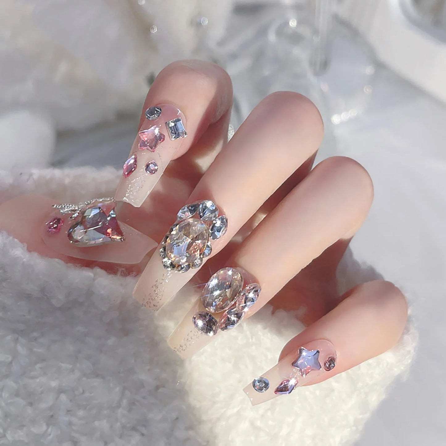 French False Nail for Women Coffin White Tips with Star Pattern