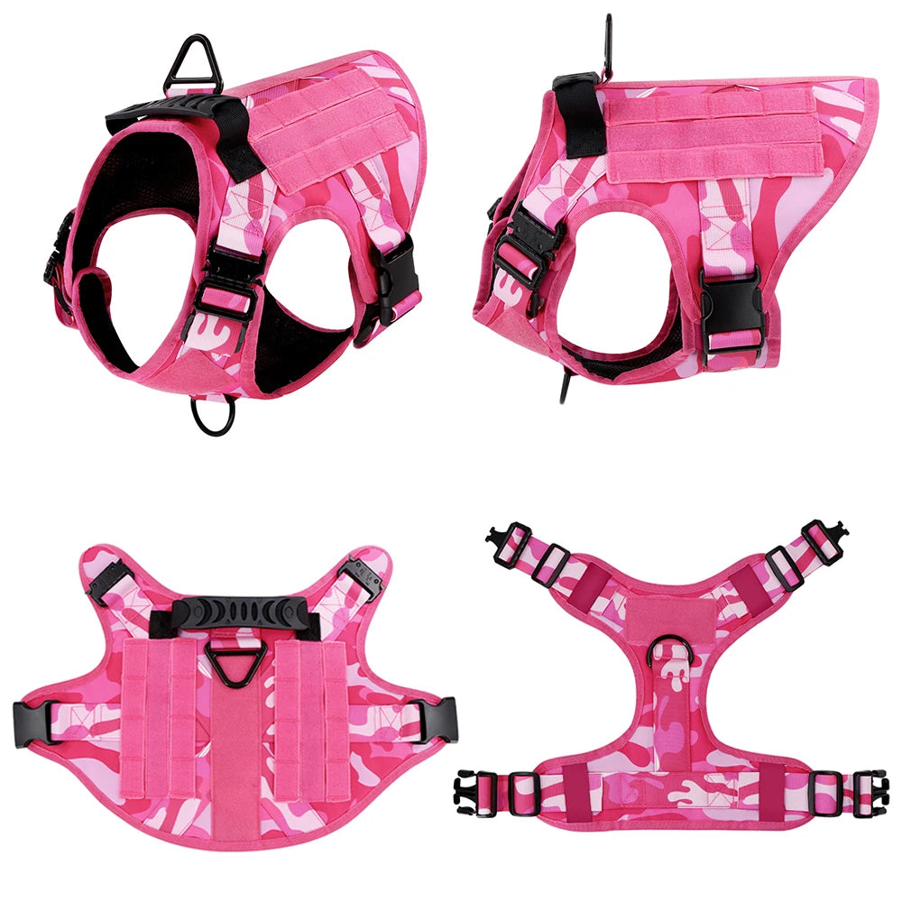 Military Pink Camouflage Dog Harness for Large/Medium Dogs, Harnesses Leash Adjustable, Pet German Shepherd Tactical Training Vest.