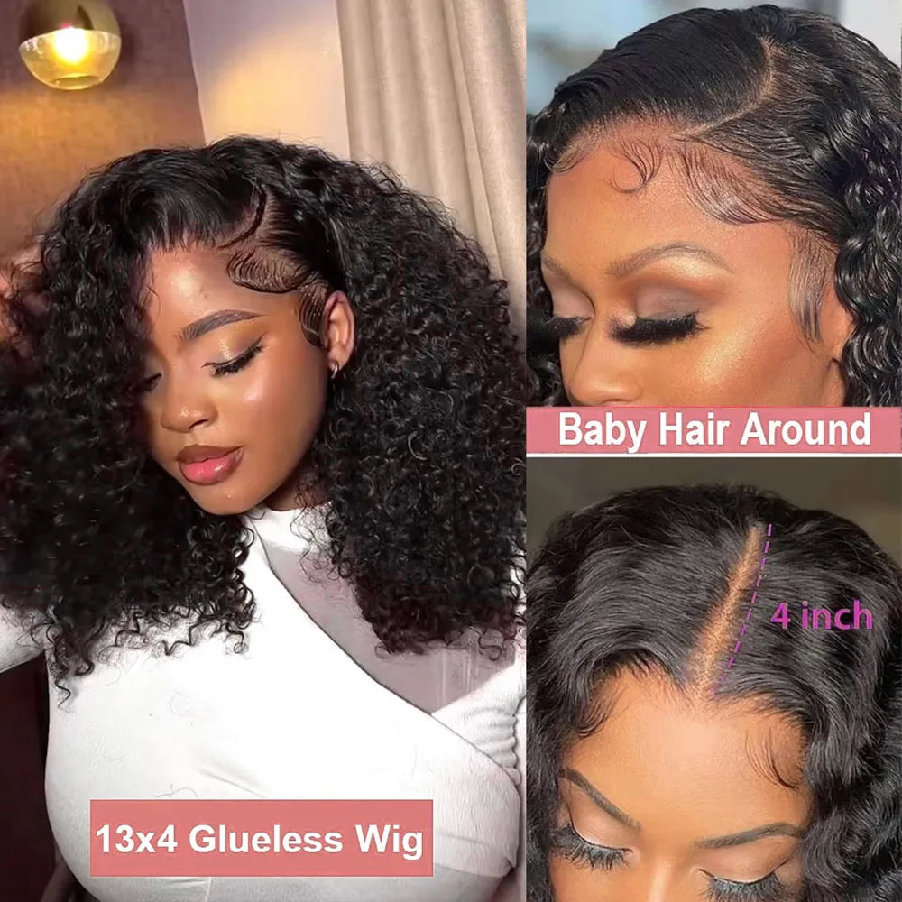 13x6 Short Curly Bob Deep Water Wave Lace Frontal Wigs 7x5 Glueless Wig 100% Human Hair Wig 250% Density 1it2 14 Inch For Women