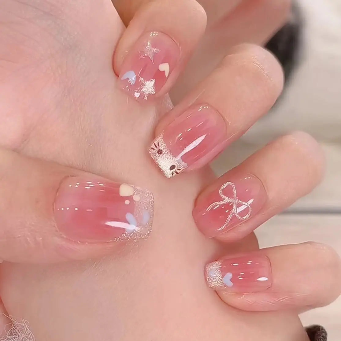 24Pcs Pink Cat Eye Press on Nails, Bowknot Heart, Short Square Fake Nails