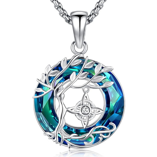 Tree of Life Witch Knot Necklace 925 Sterling Silver Tree of Life Crystal Circle Necklace