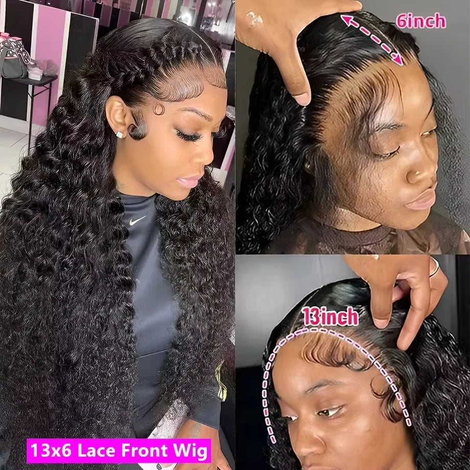 Deep Wave Frontal Wig Transparent 13x4 13x6 HD Lace, Human Hair Curly Lace 40 Inch