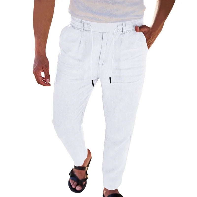Men's Lightweight Linen Trousers with Adjustable Drawstring Waistband and Straight Leg Design.