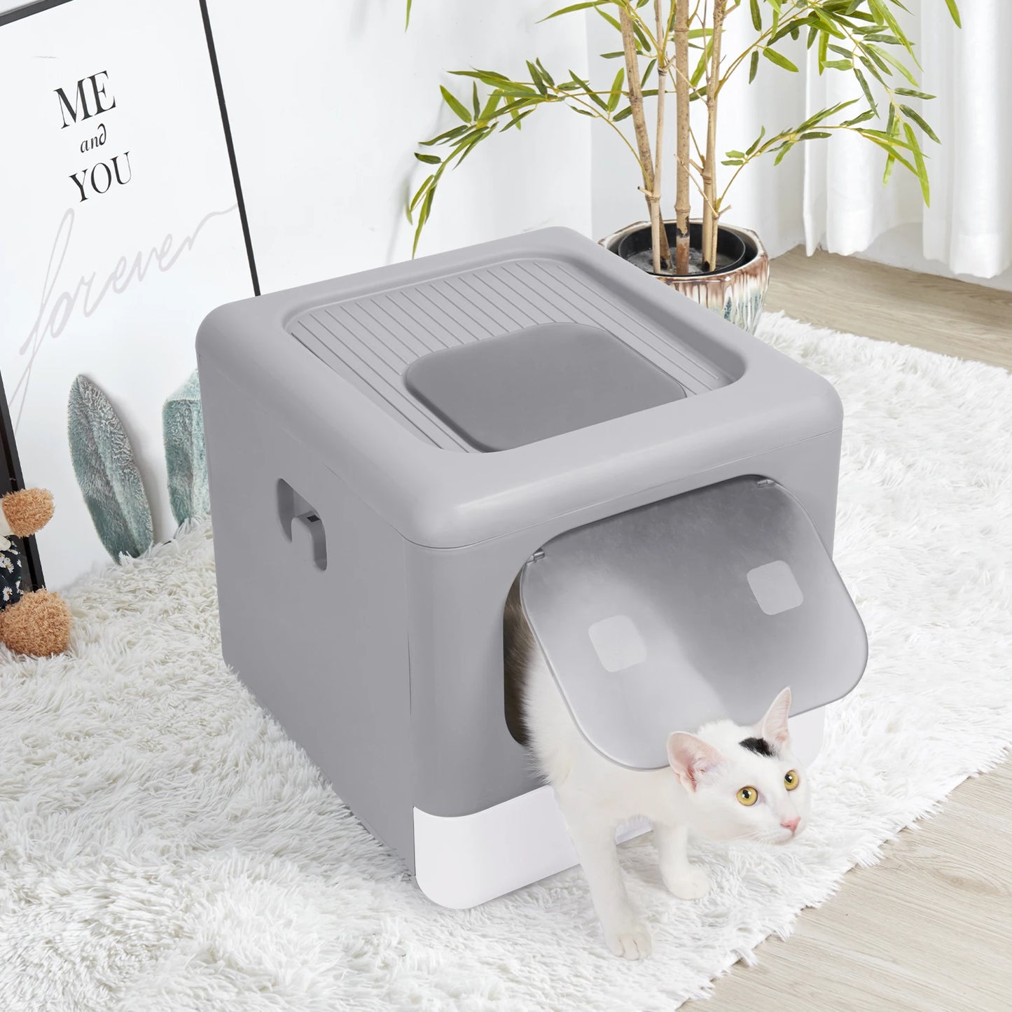 Cat Litter Box with Scoop and Tray Sifting Enclosed, Foldable Kitten Toilet, Detachable Poop Top and Front Entry.