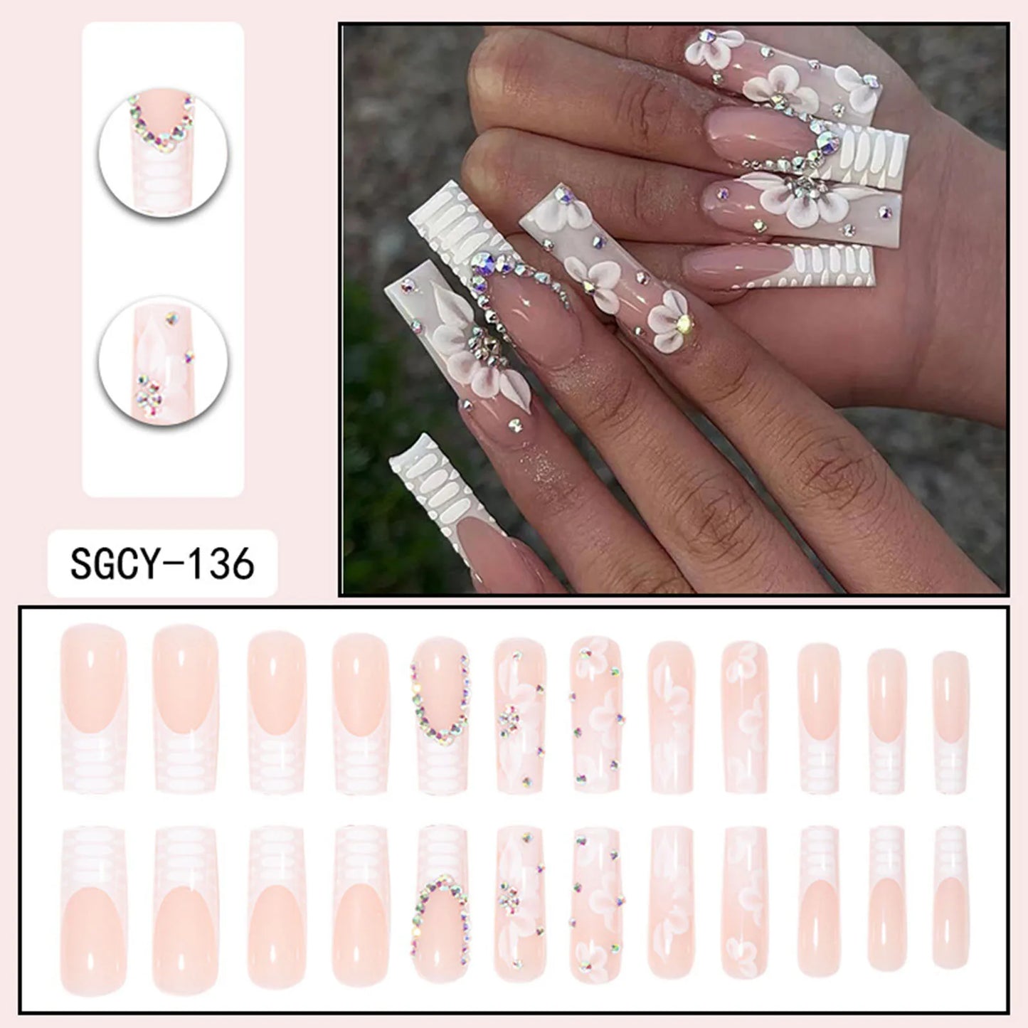Rhinestone Embellished White Long Square UV Gel Nails