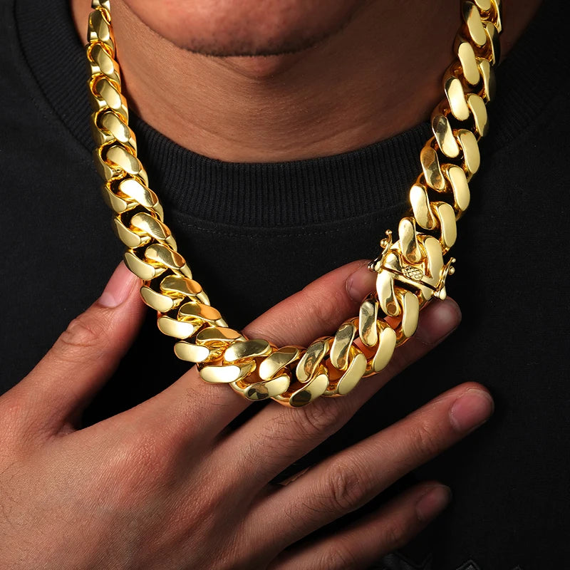 20mm Heavy Solid 18K Gold Plated Miami Cuban Link Chains Choker Necklaces for Men