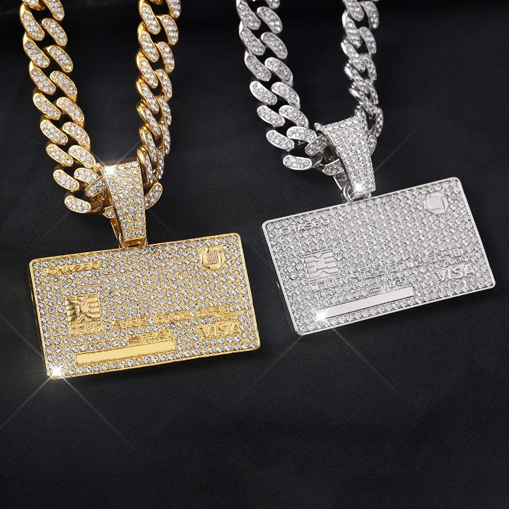Man's Credit VISA Card Pendant With Zircon Miami Cuban Chain Necklaces