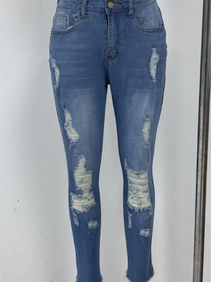 Ladies High Waist Skinny Jeans Stretch Ripped Denim Pants Distressed Cropped Casual Streetwear Fashion