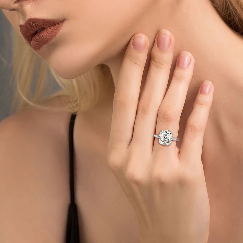 OXTAO GRA Certified Cushion Cut Moissanite Halo Engagement Ring for Women 925 Sterling Silver