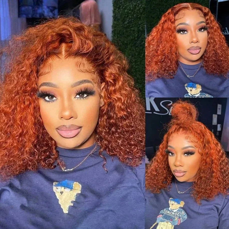 8-22Inch Deep Wave Bob Ginger Orange Lace Front Wigs, Human Hair 14 Inch Orange13x4 Deep Wave Lace Frontal