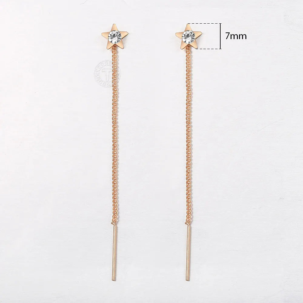 585 Rose Gold Color Long-Chain Drop Earrings for Women/Girls Star CZ DGE345