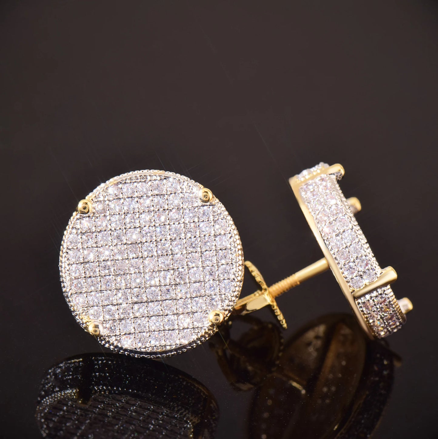 CUC 14MM Big Round Stud Screw Back Iced Out Cubic Zirconia Men/Women Earrings Gold Color
