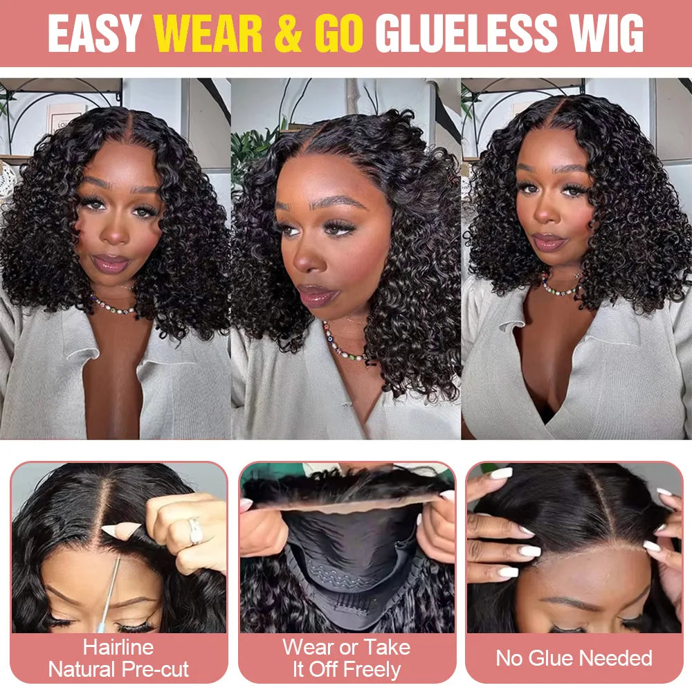13x6 Short Curly Bob Deep Water Wave Lace Frontal Wigs 7x5 Glueless Wig 100% Human Hair Wig 250% Density 1it2 14 Inch For Women