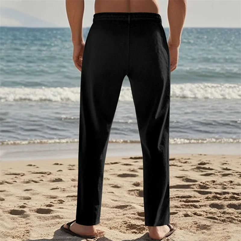 Men s Lightweight Drawstring Linen Pants with Pockets Comfortable Straight Leg Casual Trousers