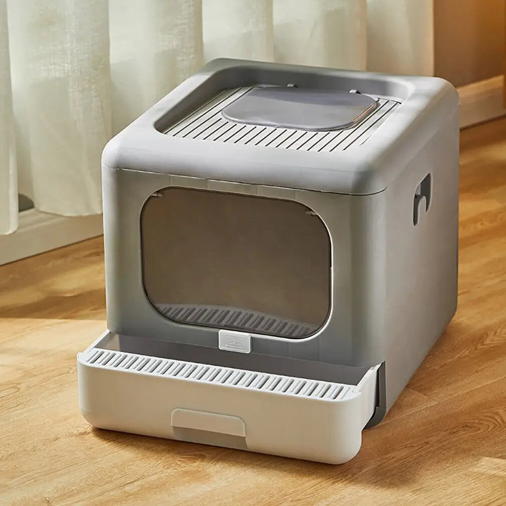Cat Litter Box with Scoop and Tray Sifting Enclosed, Foldable Kitten Toilet, Detachable Poop Top and Front Entry.