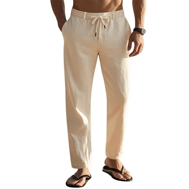 Men s Lightweight Drawstring Linen Pants with Pockets Comfortable Straight Leg Casual Trousers