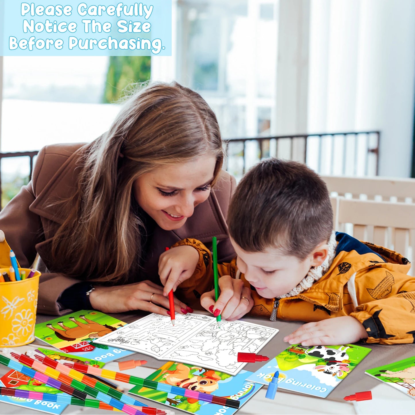 24Pcs Farm Coloring Books for Kids with 24 Stacking Crayons, Mini Coloring Book, Cows, Horses, Barns, Small A