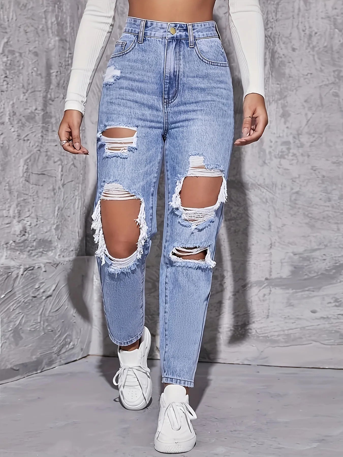 Women's New Denim Pants, High Waisted Straight Leg, Perforated, Casual Style, Fashionable and Versatile