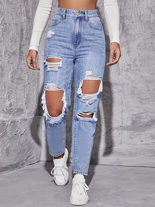 Women's New Denim Pants, High Waisted Straight Leg, Perforated, Casual Style, Fashionable and Versatile