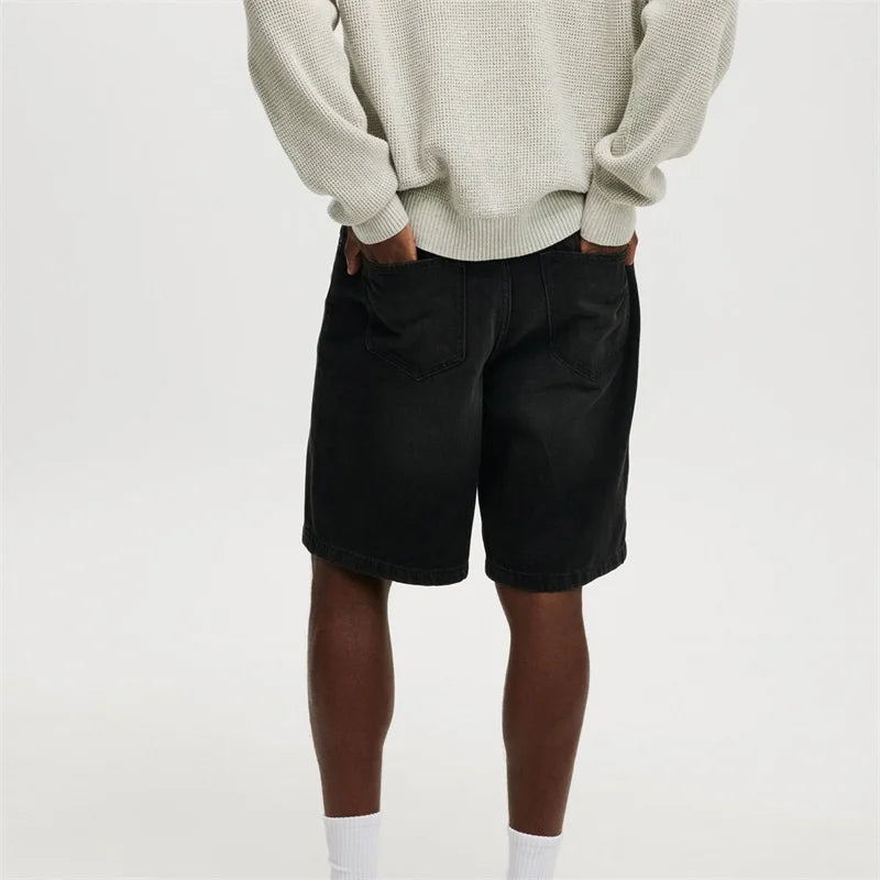 Men's Washed Denim Shorts with Relaxed Fit and High Waist