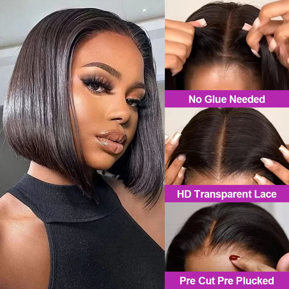 Brazilian Human Hair Bob Wigs Glueless HD Lace Front Wig, No Glue, Short Bone Straight Lace Frontal Ready to Wear, 250 Density