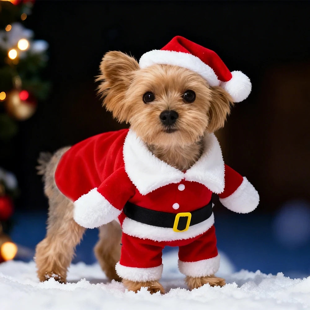 Cute Dog Santa Claus Outfit, Christmas Costume for Small Dogs and Cats, Yorkie Cosplay Clothes, Dress Up Jumpsuit