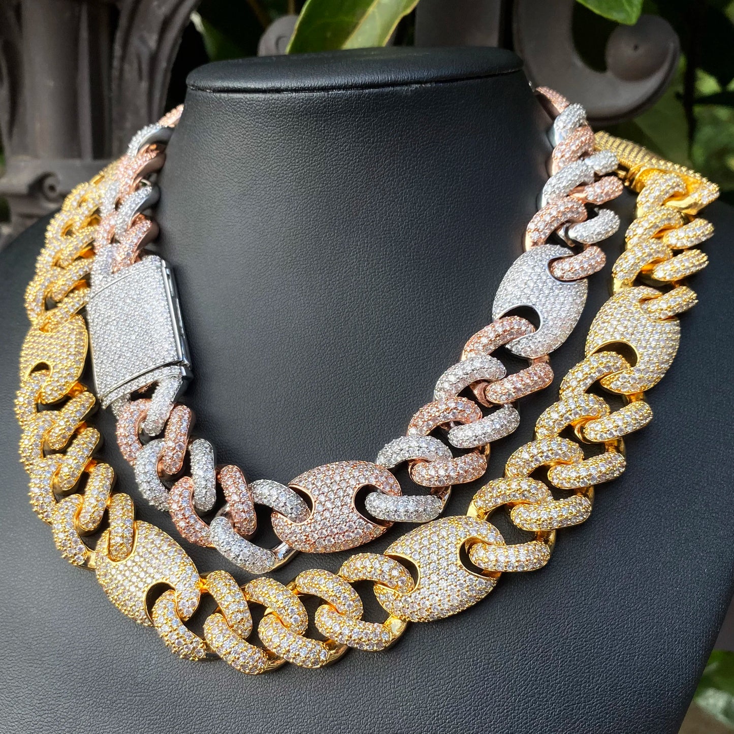 Aokaishen Iced Out Cuban Link Chain for Men Two Tone Prong Necklace Real Copper Cubic Zirconia