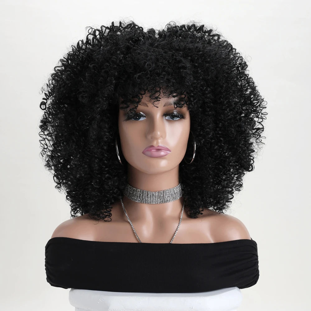 16 Inch Afro Kinky Curly Hair Wigs With Bangs, Soft Fluffy Synthetic Fiber, None Lace Wigs