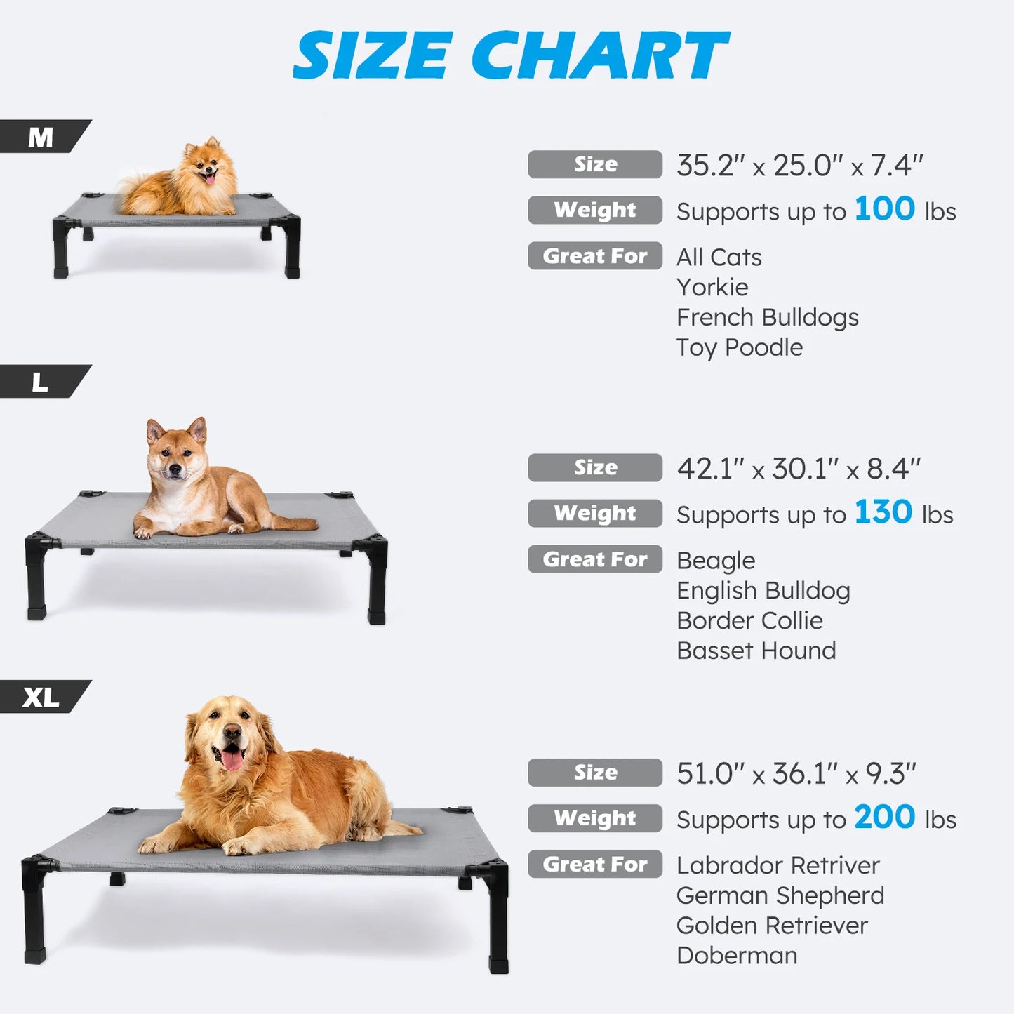 Elevated Cooling Raised Pet Cot, Chew Proof, Washable Breathable Mesh and Metal Frame