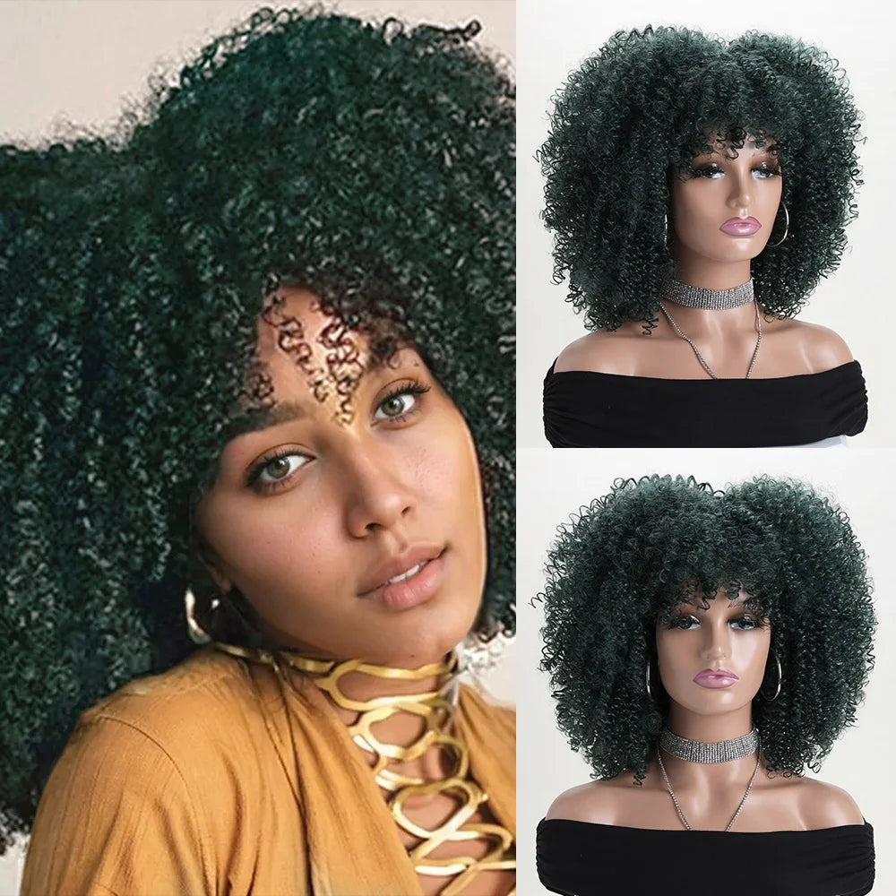 16 Inch Afro Kinky Curly Hair Wigs With Bangs, Soft Fluffy Synthetic Fiber, None Lace Wigs