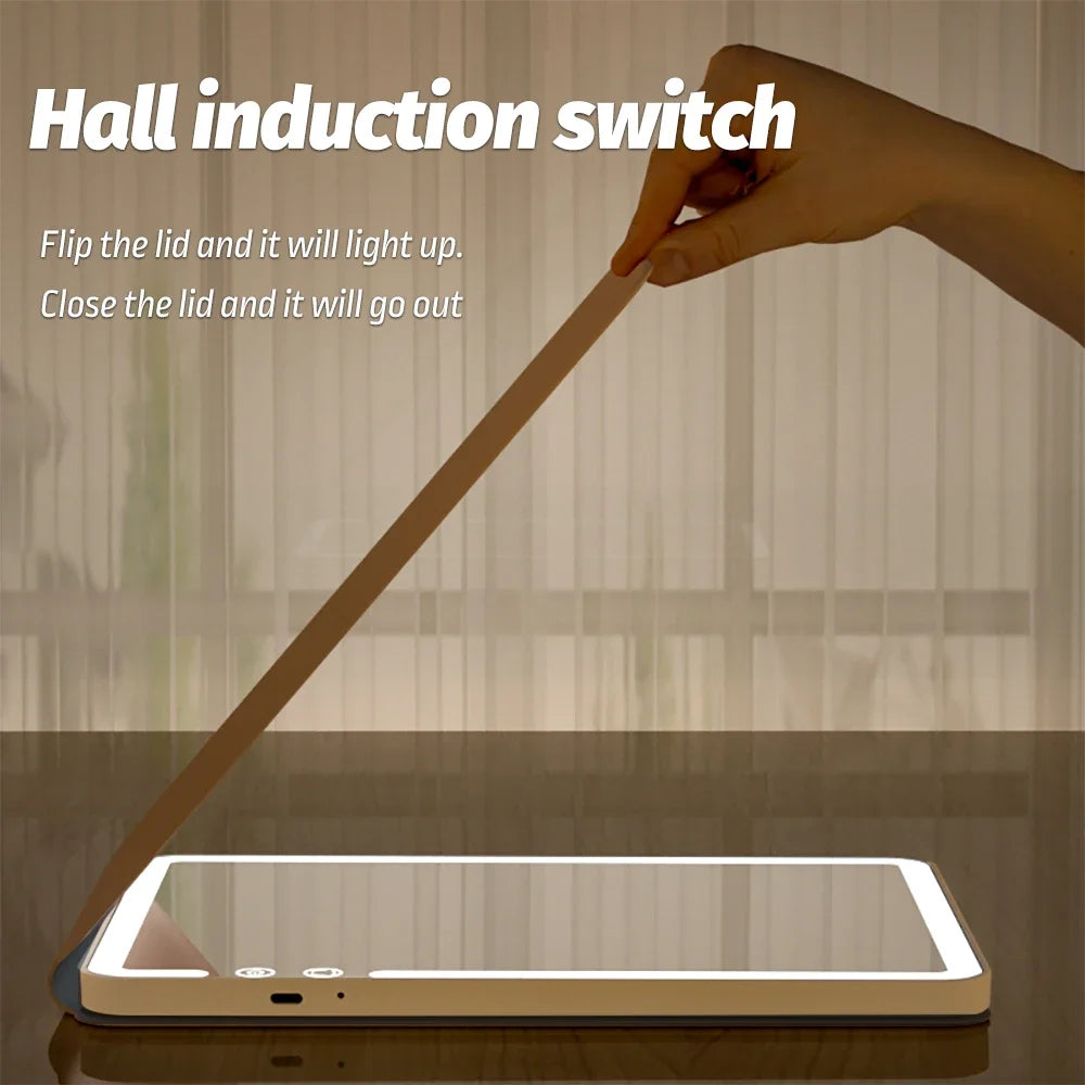 Makeup Mirror Foldable Portable 3-Color Dimmable Lighting, Rechargeable Tabletop Folding Vanity Cosmetic Mirror with LED Lights