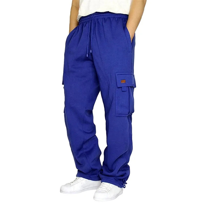 Men’s Loose Cargo Casual Drawstring Elastic Waist Wide Leg Outdoor Trousers