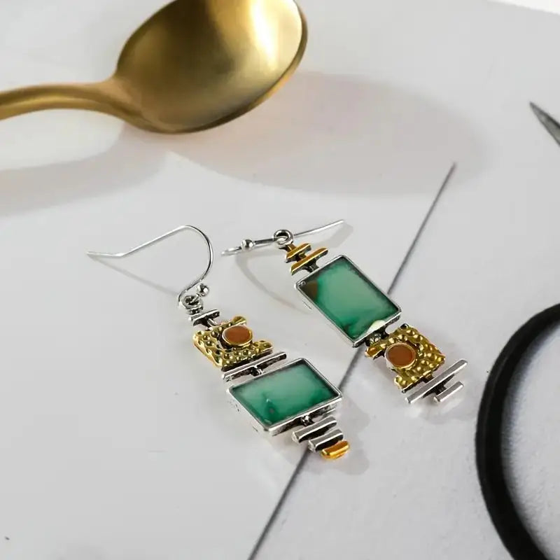 1 Pair Vintage Geometric Drop Earrings – Boho Synthetic Gemstone for Women