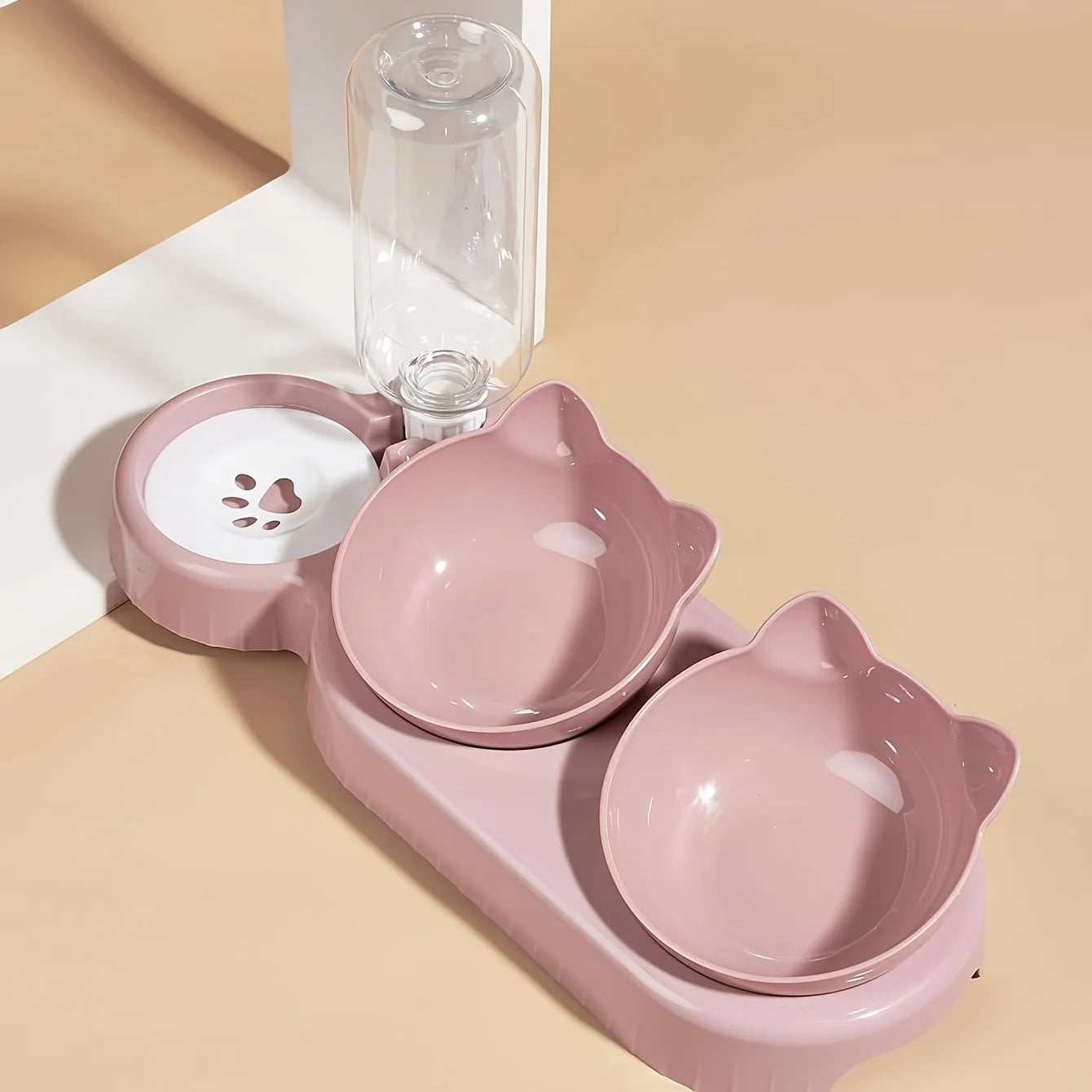 Pet Bowls With Water Feeder, 3 In 1 Ear Design Tilted Cat Water and Food Bowl, Set with Gravity Water Bottle for Neck Protection.