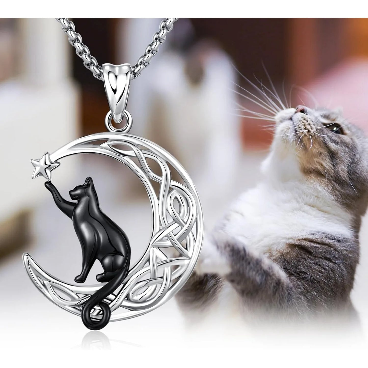 Black Cat Celtic knot Necklace 925 Sterling Silver Cute Animal Pendant