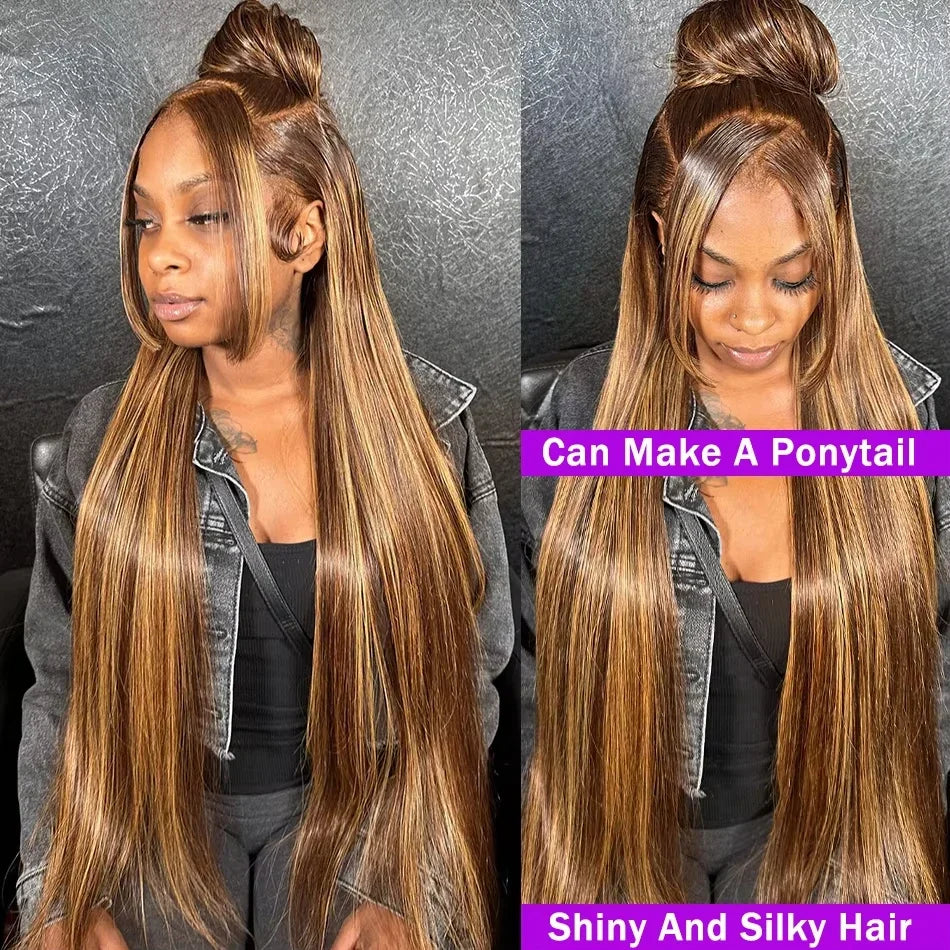 40 44 Inch 13x6 Hd Bone Straight Lace Frontal Human Hair Wigs, Brazilian Colored Highlight Ombre, Raw 360 Full Lace